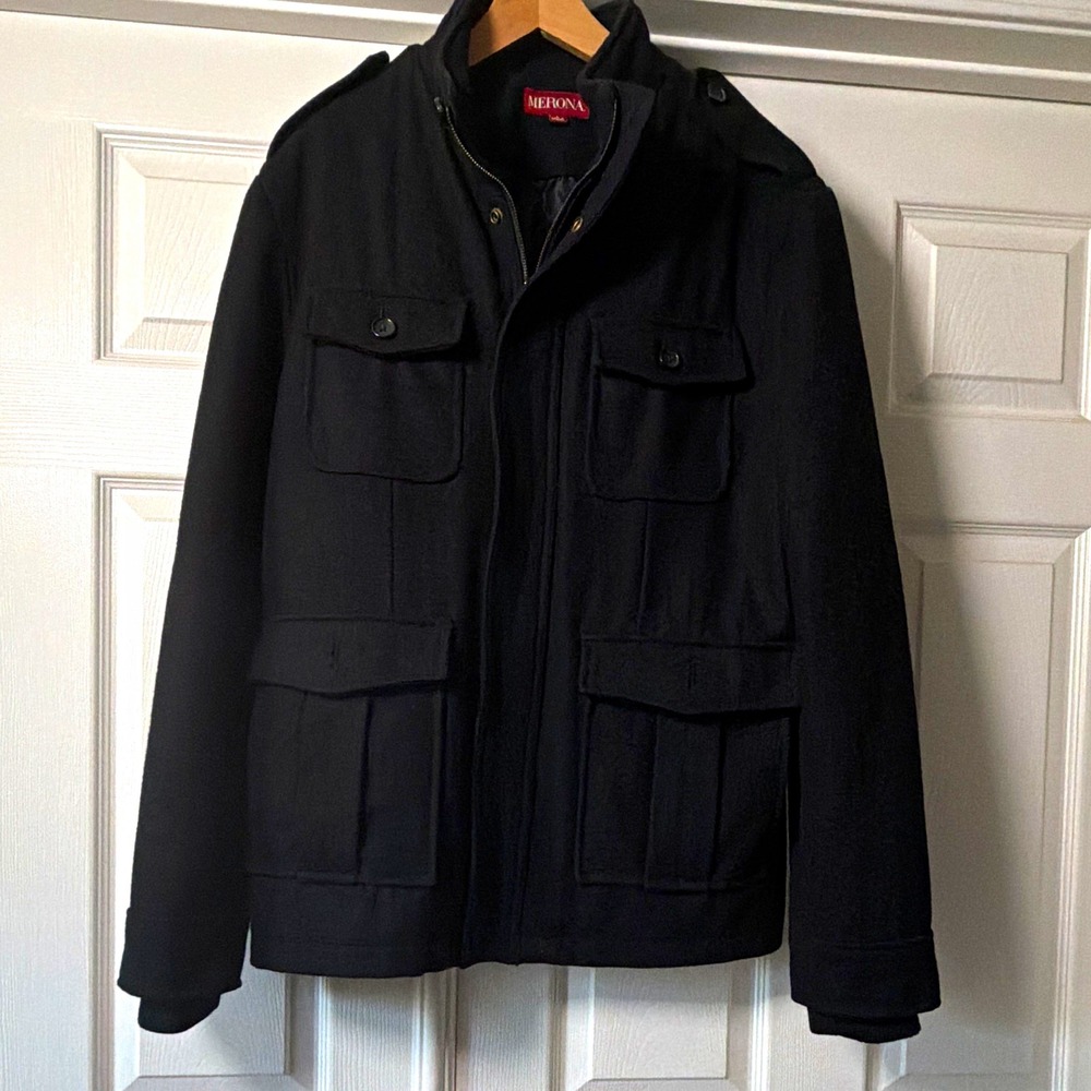 Mens L Black Wool Blend Military Style Field Jacket 4 Pocket Full Zip Merona